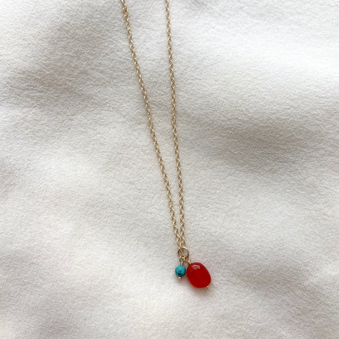 Carnelian & Turquoise Gemstone Duo Necklace -  14k Gold Filled