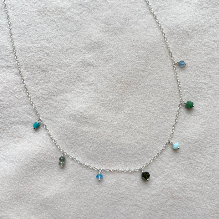 Blue-Green Gemstone Fringe Necklace - Sterling Silver