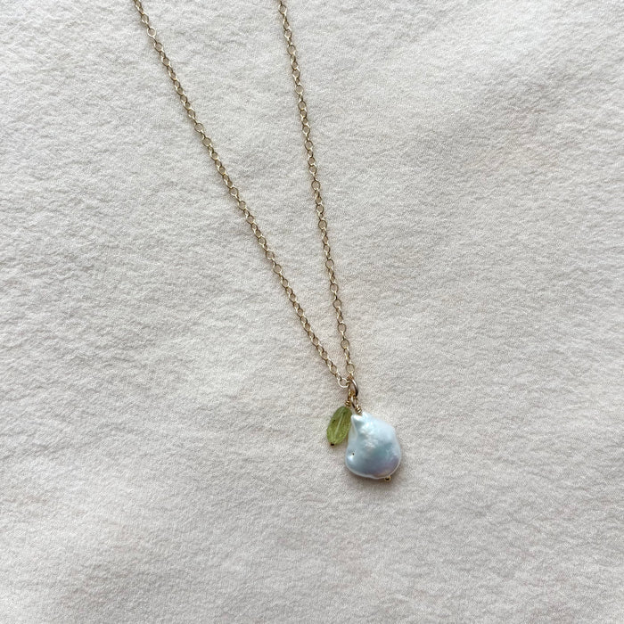 Pearl & Peridot Gemstone Duo Necklace -  14k Gold Filled
