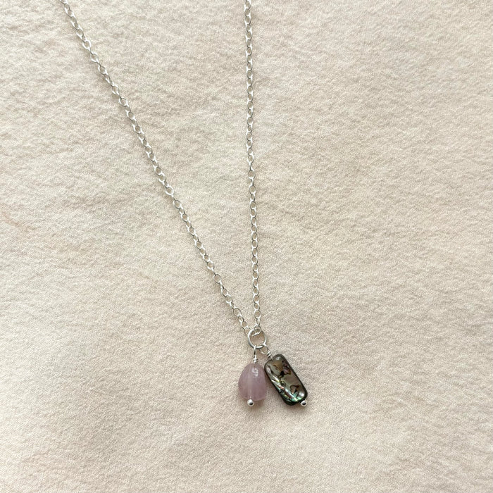 Abalone & Rose Quartz Gemstone Duo Necklace -  Sterling Silver