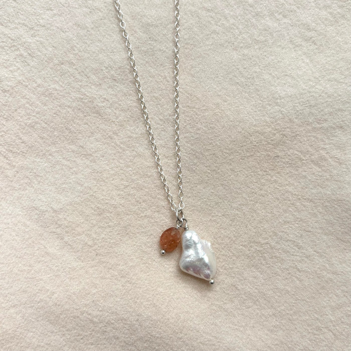 Baroque Pearl & Sunstone Gemstone Duo Necklace -  Sterling Silver
