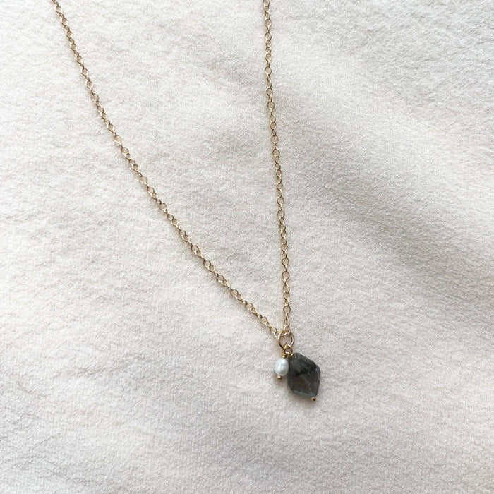 Faceted Labradorite & Pearl Gemstone Duo Necklace -  14k Gold Filled