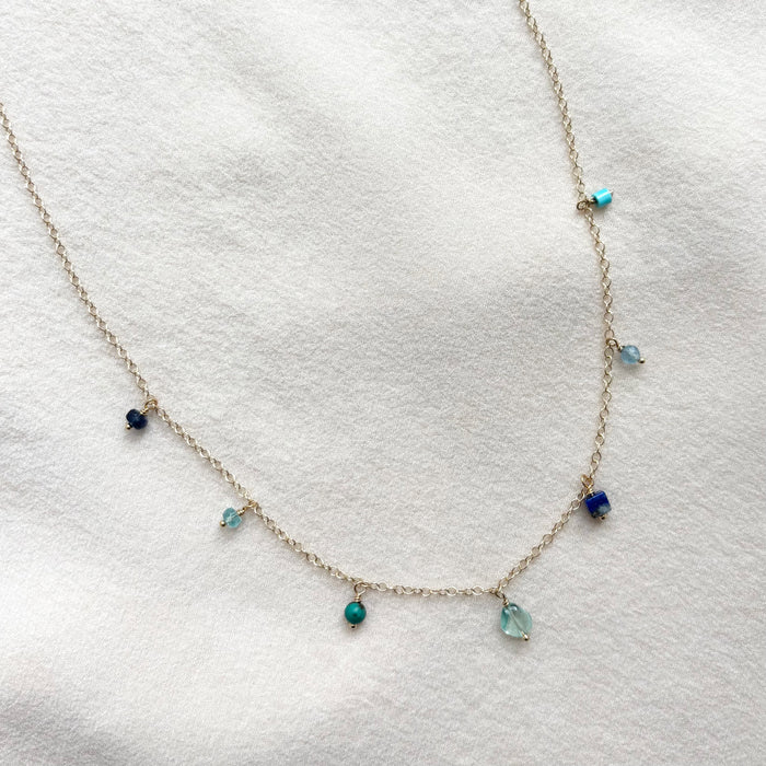 Blue Gemstone Fringe Necklace - 14k Gold Fill