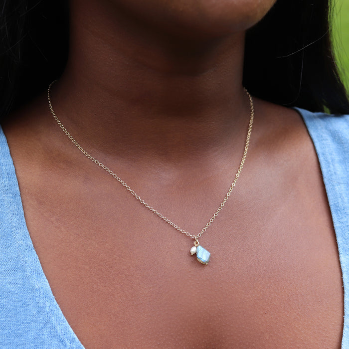 Faceted Labradorite & Pearl Gemstone Duo Necklace -  14k Gold Filled