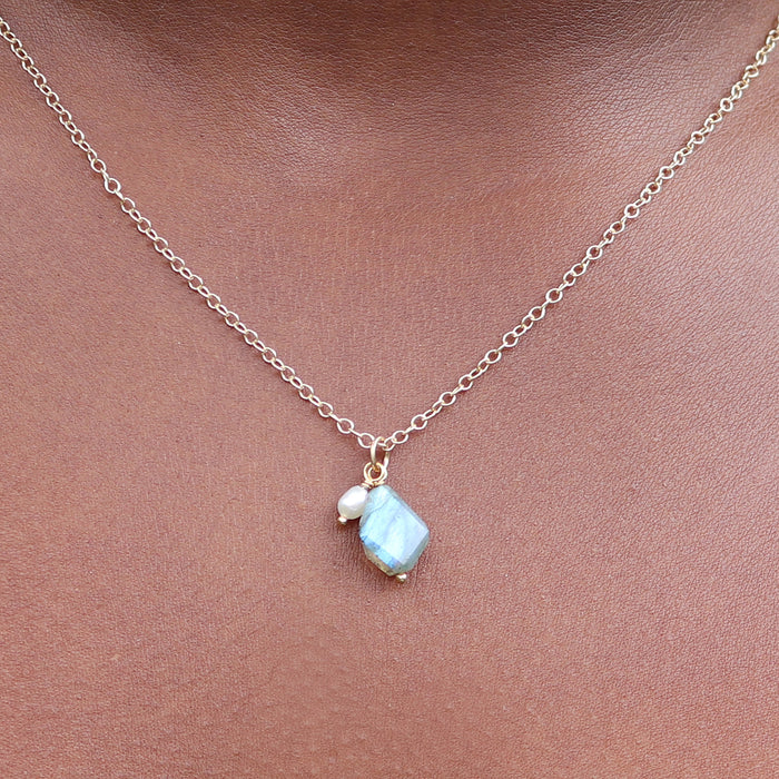 Faceted Labradorite & Pearl Gemstone Duo Necklace -  14k Gold Filled