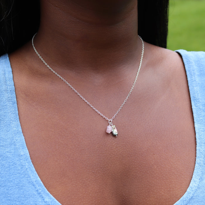 Abalone & Rose Quartz Gemstone Duo Necklace -  Sterling Silver