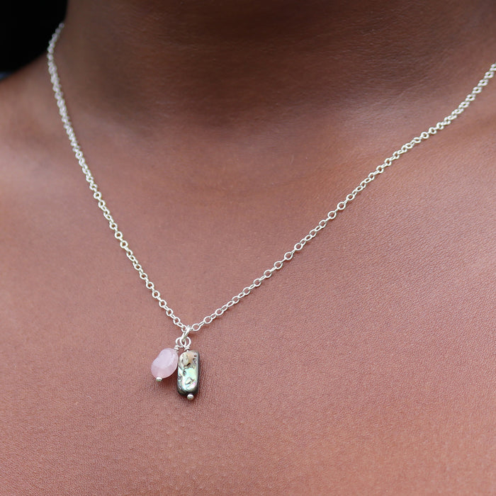 Abalone & Rose Quartz Gemstone Duo Necklace -  Sterling Silver