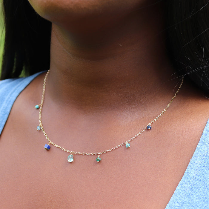 Blue Gemstone Fringe Necklace - 14k Gold Fill