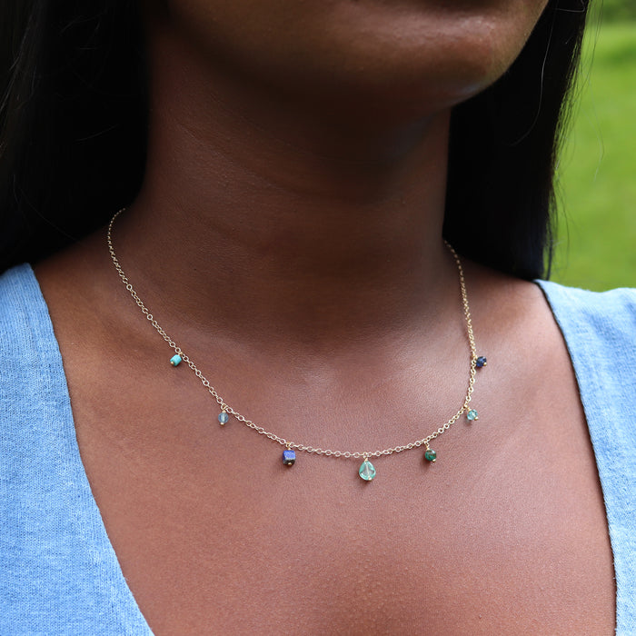 Blue Gemstone Fringe Necklace - 14k Gold Fill