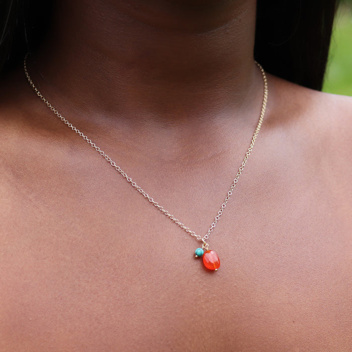Carnelian & Turquoise Gemstone Duo Necklace -  14k Gold Filled
