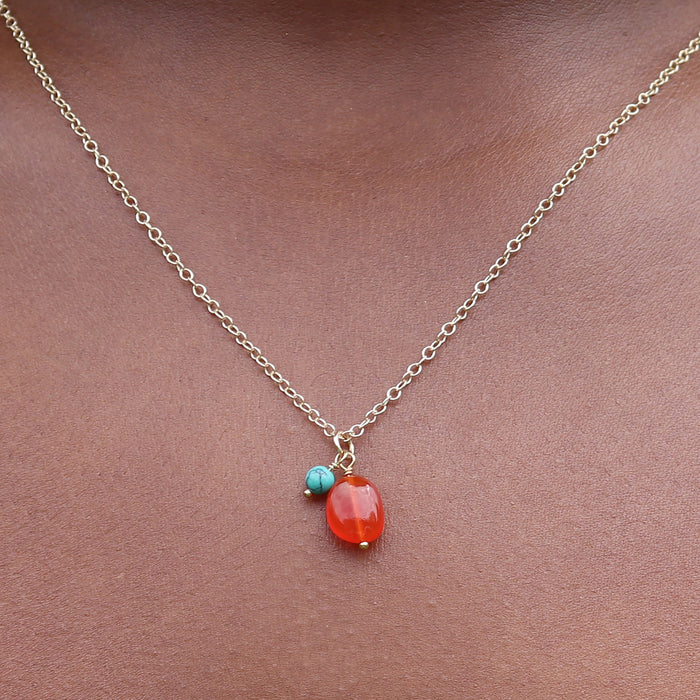 Carnelian & Turquoise Gemstone Duo Necklace -  14k Gold Filled