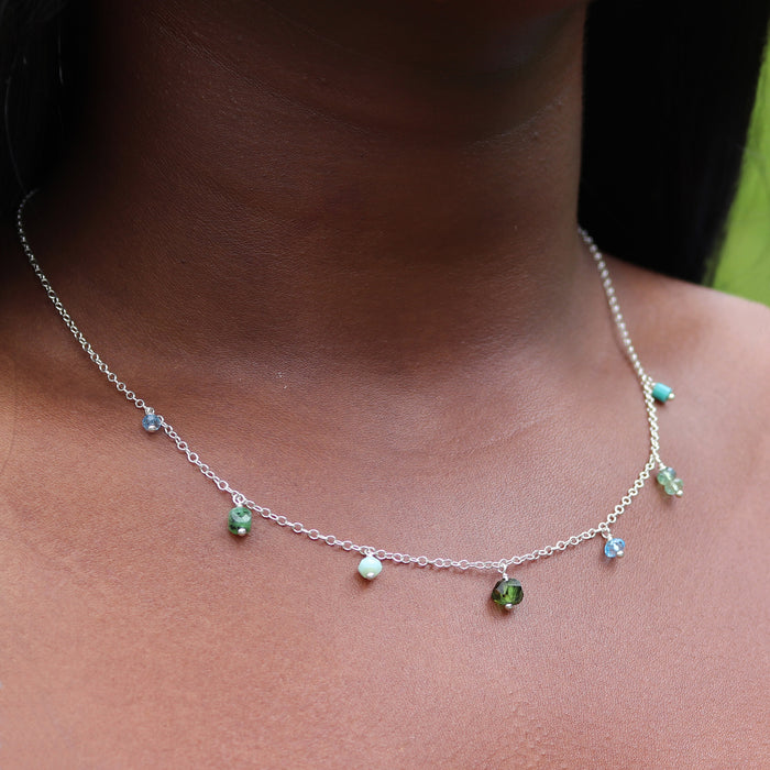 Blue-Green Gemstone Fringe Necklace - Sterling Silver