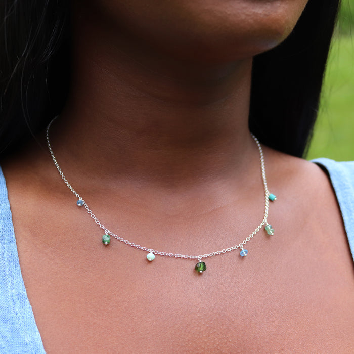 Blue-Green Gemstone Fringe Necklace - Sterling Silver