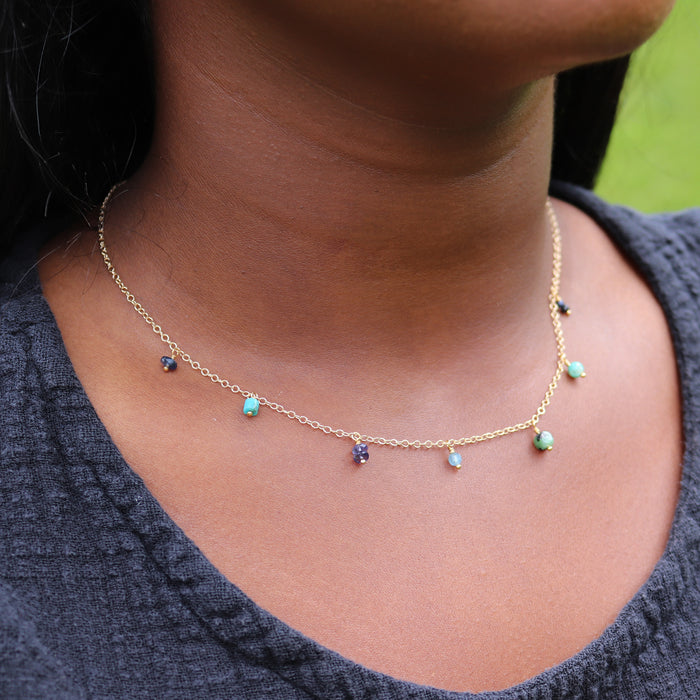 Blue-Green Gemstone Fringe Necklace - 14k Gold Fill