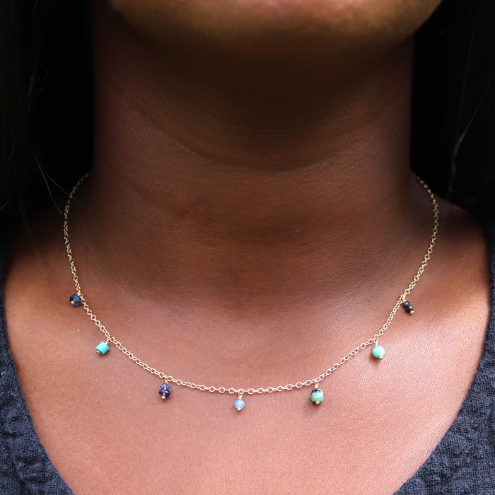 Blue-Green Gemstone Fringe Necklace - 14k Gold Fill