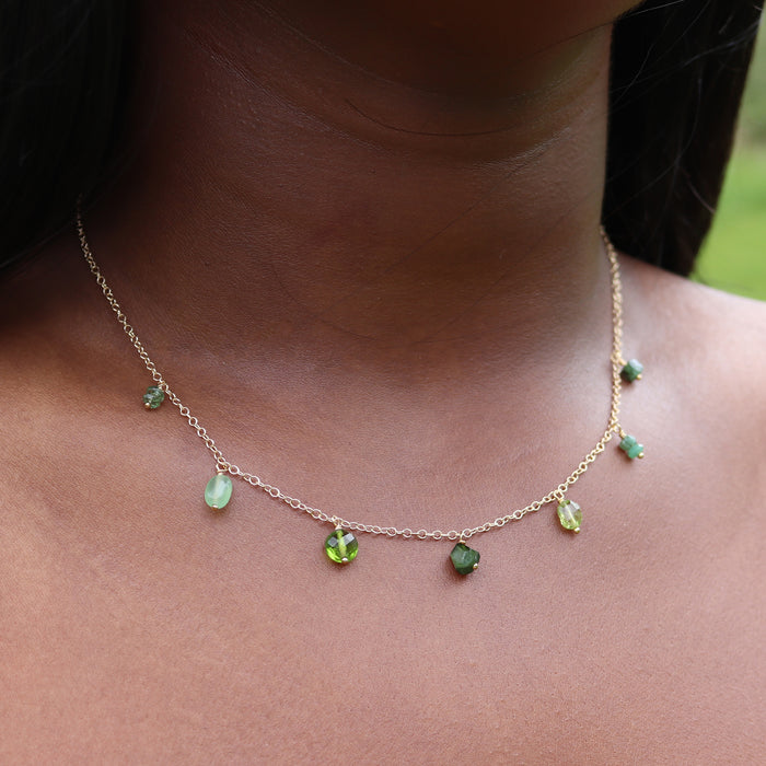 Green Gemstone Fringe Necklace - 14k Gold Fill