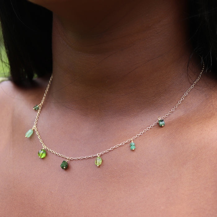 Green Gemstone Fringe Necklace - 14k Gold Fill