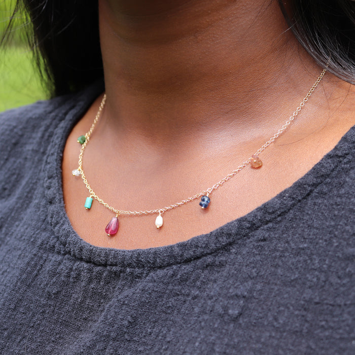 Multicolored Gemstone Fringe Necklace - 14k Gold Fill