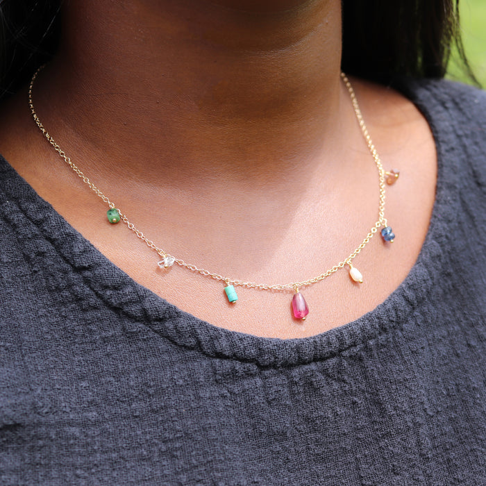 Multicolored Gemstone Fringe Necklace - 14k Gold Fill