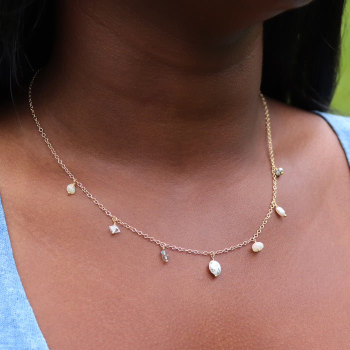 Neutral Gemstone Fringe Necklace - 14k Gold Fill