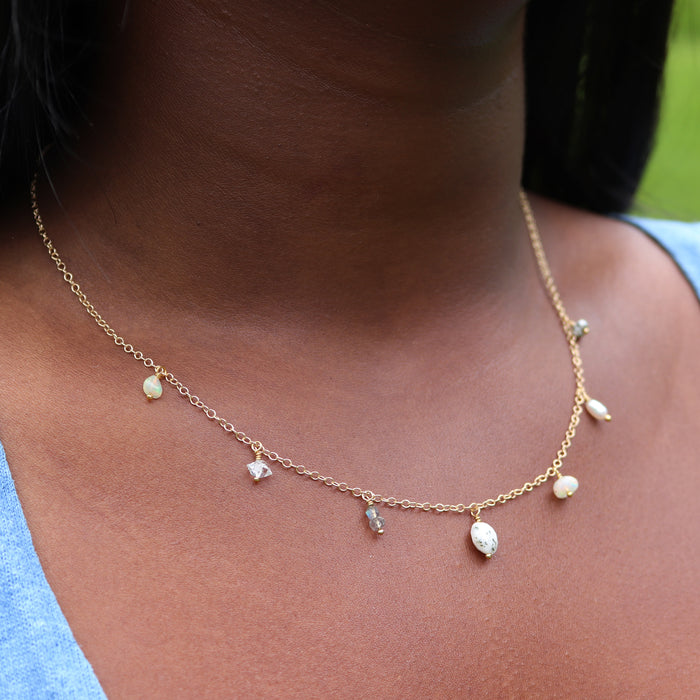 Neutral Gemstone Fringe Necklace - 14k Gold Fill