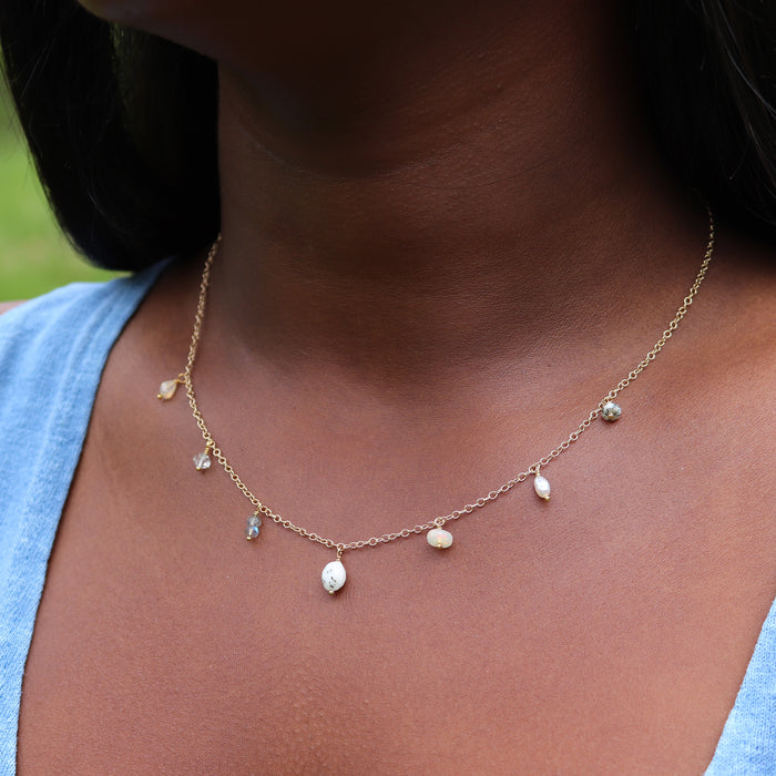 Neutral Gemstone Fringe Necklace - 14k Gold Fill