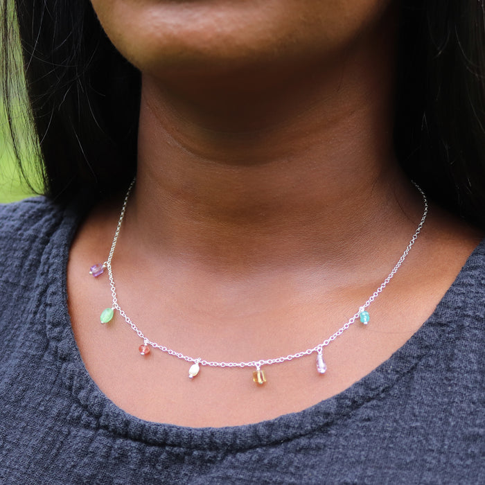 Pastel Gemstone Fringe Necklace - Sterling Silver