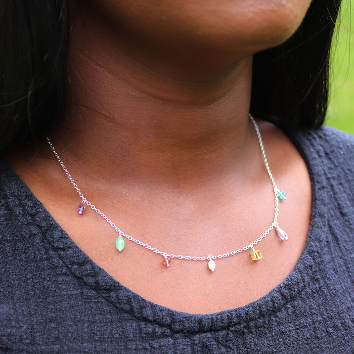 Pastel Gemstone Fringe Necklace - Sterling Silver