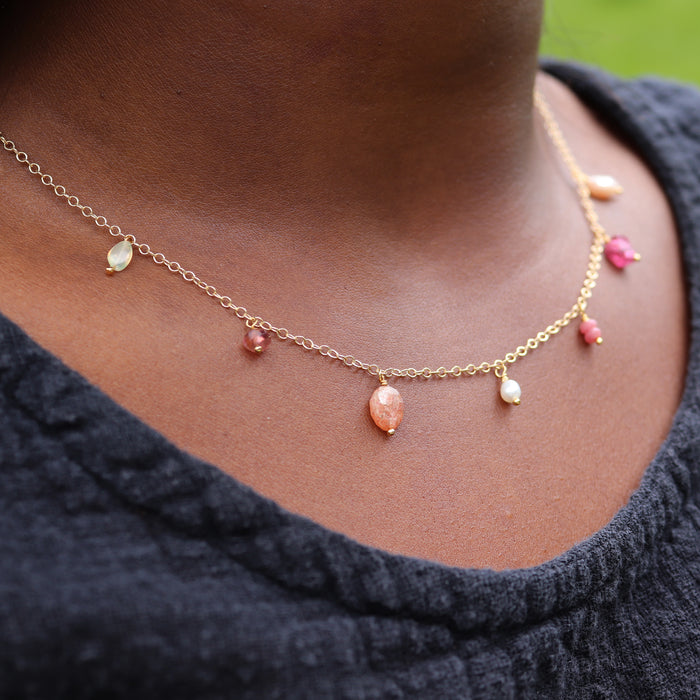 Pink Gemstone Fringe Necklace - 14k Gold Fill
