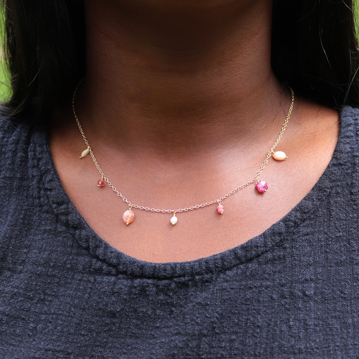 Pink Gemstone Fringe Necklace - 14k Gold Fill