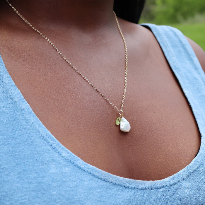 Pearl & Peridot Gemstone Duo Necklace -  14k Gold Filled