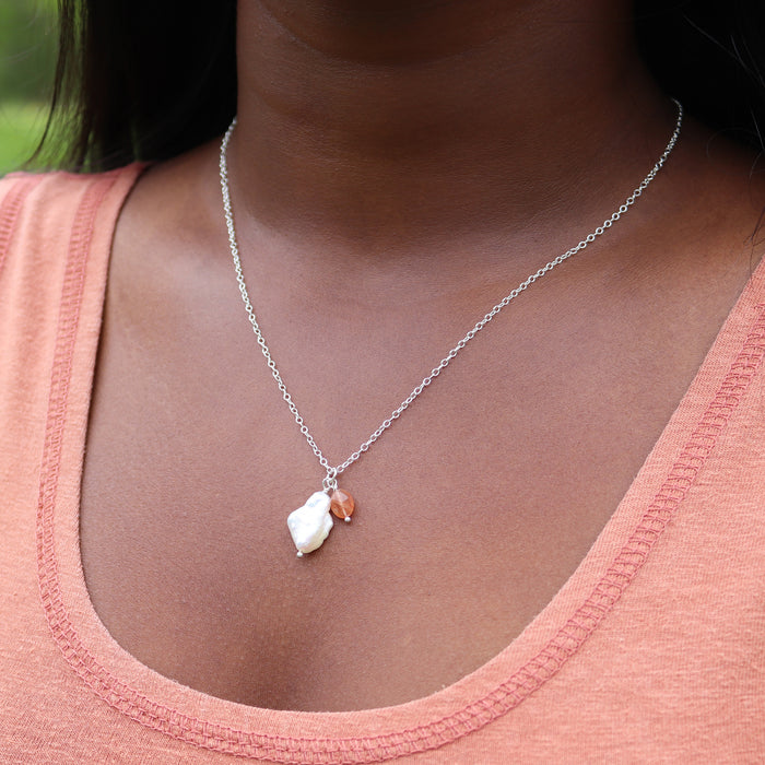 Baroque Pearl & Sunstone Gemstone Duo Necklace -  Sterling Silver
