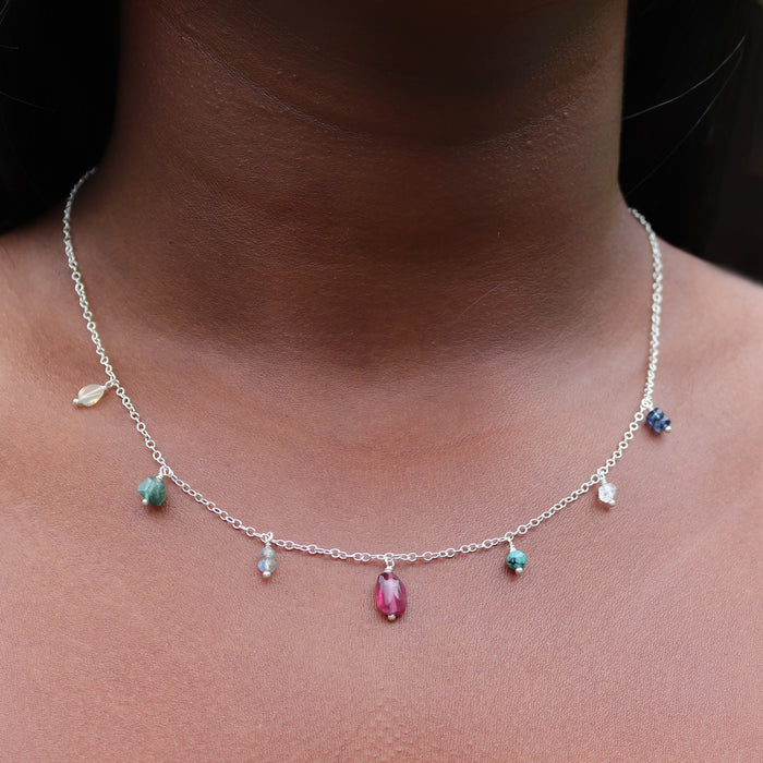 Multicolored Gemstone Fringe Necklace - Sterling Silver