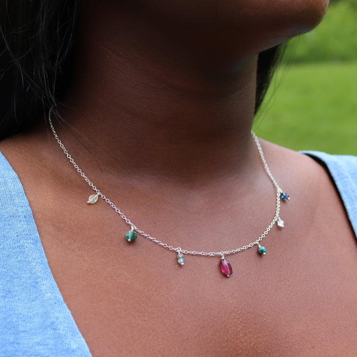 Multicolored Gemstone Fringe Necklace - Sterling Silver